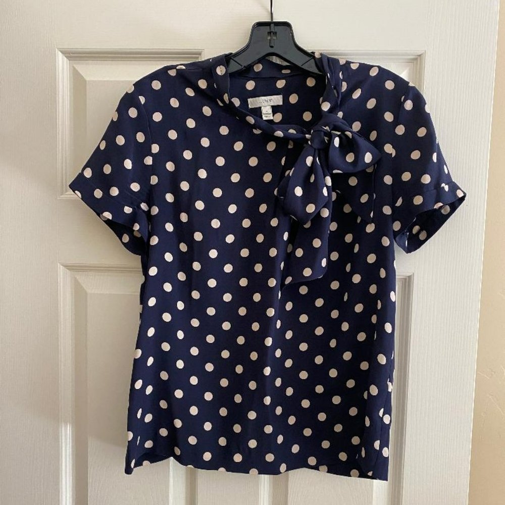 J. Crew Navy Polka Dots Tie Neck Short Sleeve Blouse, Size 6